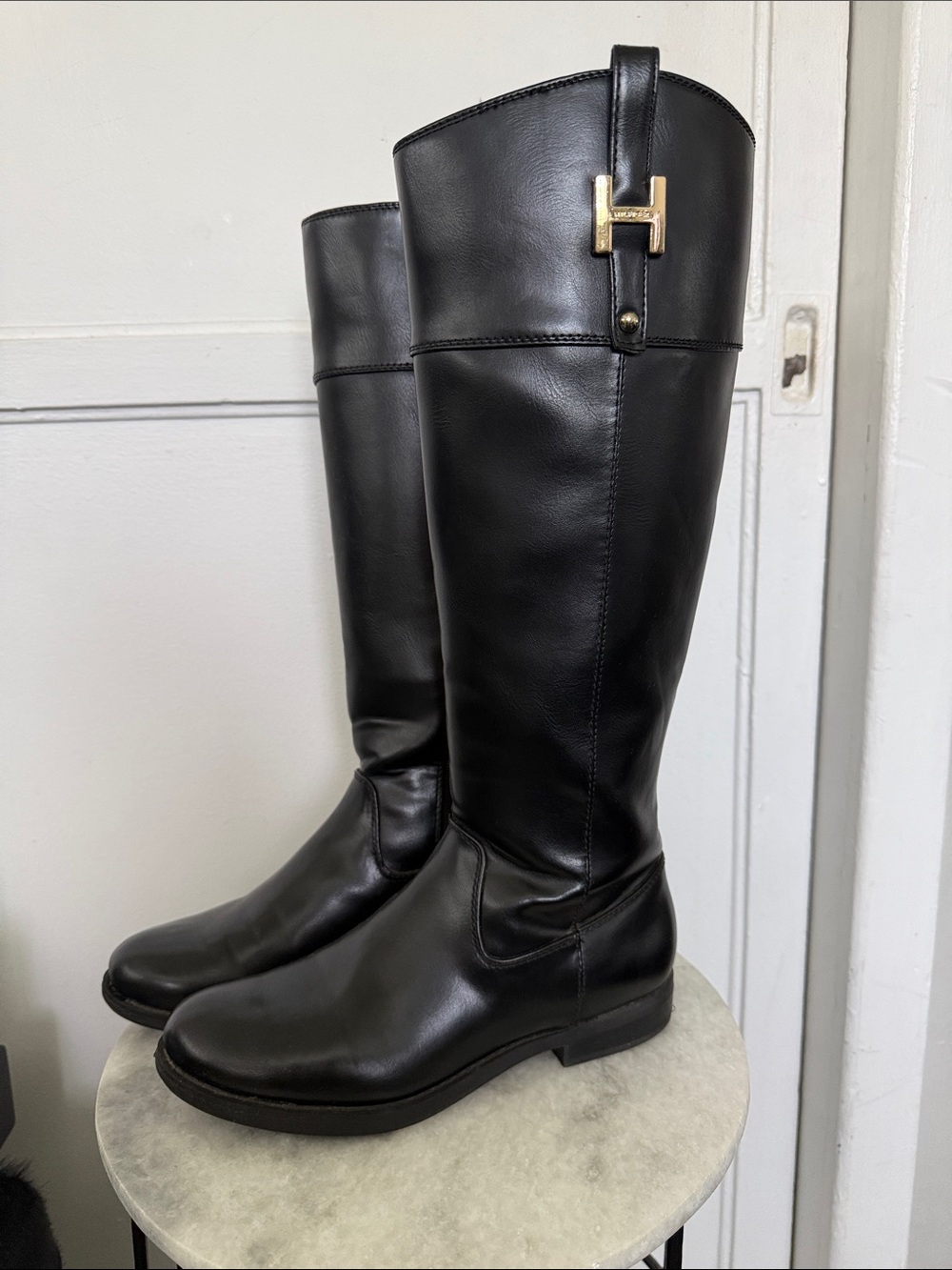 Tommy Hilfiger women’s Black Leather Knee Boots with Signature Red-White-Blue